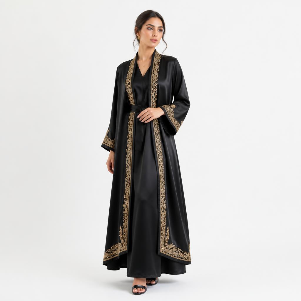 Ensemble robe moderne noire satinée avec broderies dorées