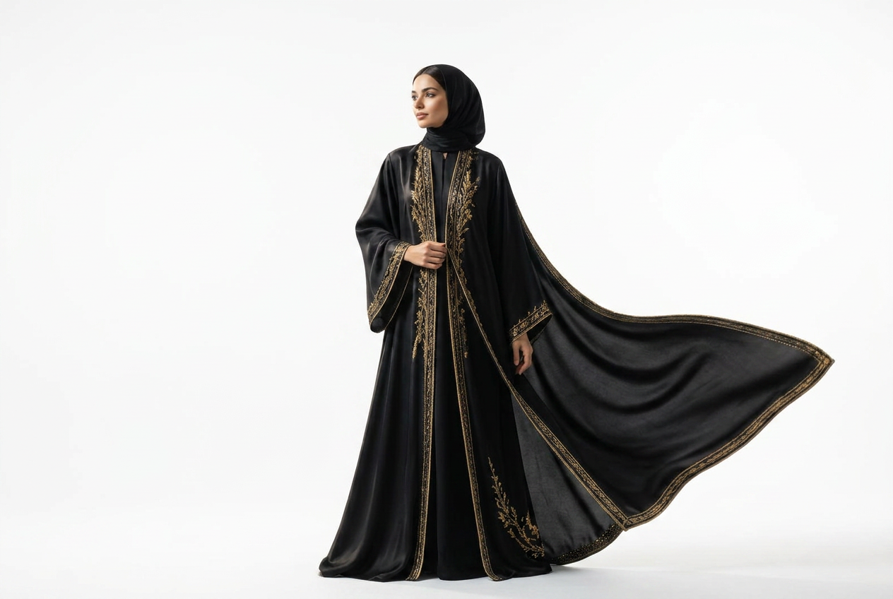 Femme portant une abaya noire brodée de fils dorés